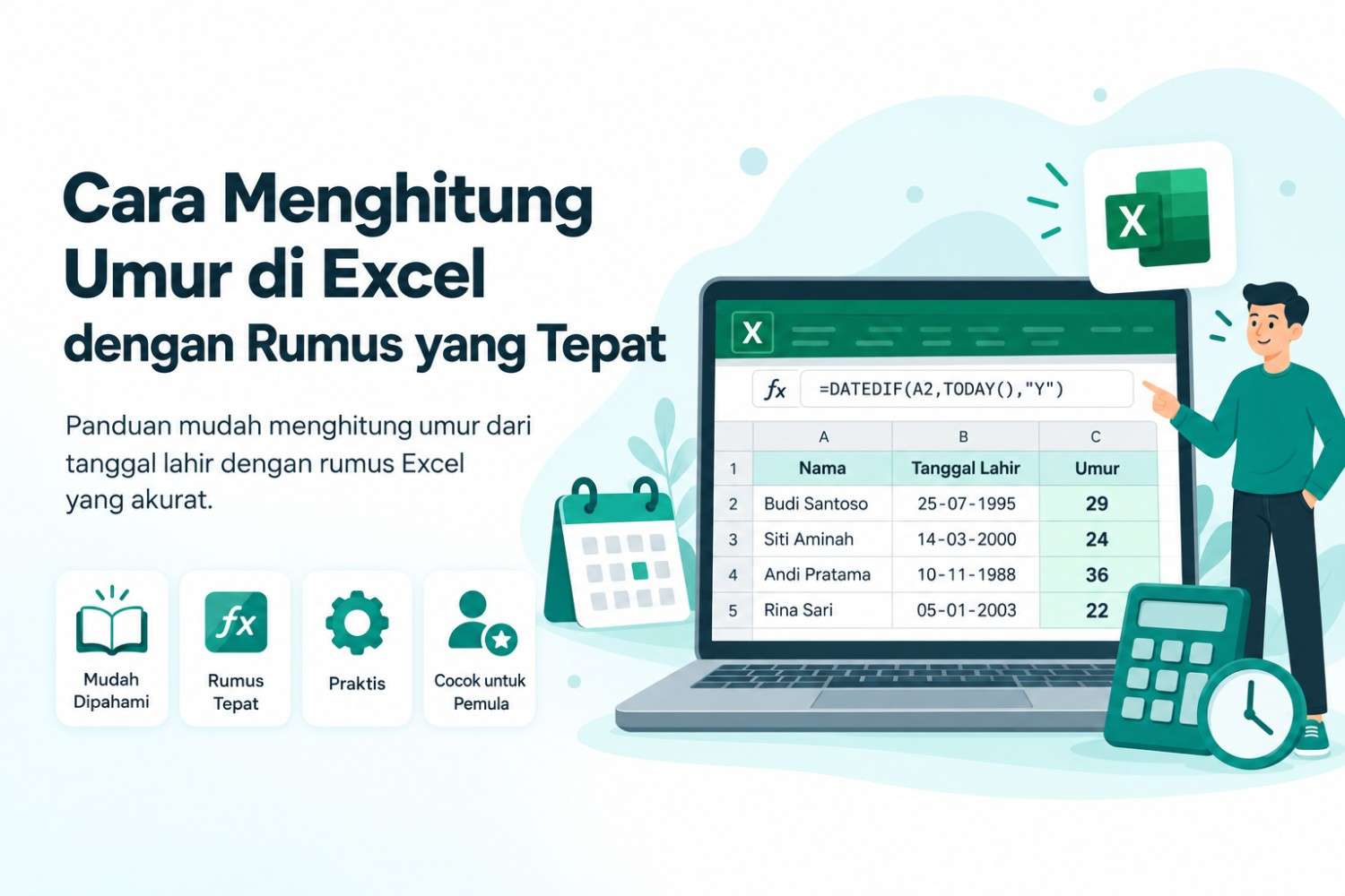 Beispiel für die Berechnung des Alters in Excel mithilfe der DATEDIF-Formel.
